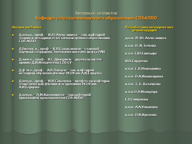 Авторский коллектив Кафедра естественнонаучного образования СПбАППО   Авторы учебника  Д.пед.н., проф. –